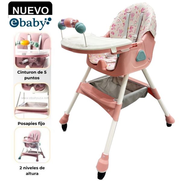 Silla de Comer Plegable Con Ruedas Doble bandeja LULU Rosado