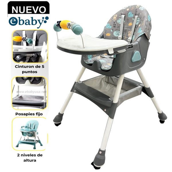 Silla de Comer Plegable Con Ruedas Doble bandeja LULU Gris