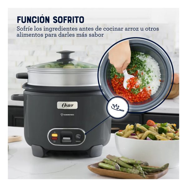 Olla Arrocera Oster 15 Tazas 3 en 1 Función de Sofrito Vaporera Gris - Imagen 2