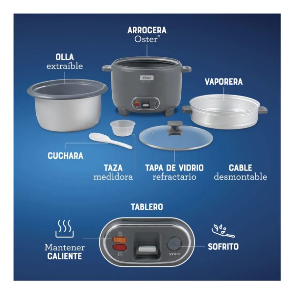 Olla Arrocera Oster 15 Tazas 3 en 1 Función de Sofrito Vaporera Gris - Imagen 5