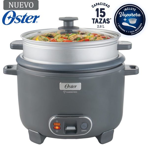 Olla Arrocera Oster 15 Tazas 3 en 1 Función de Sofrito Vaporera Gris