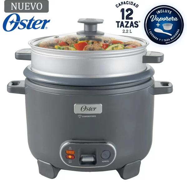 Olla Arrocera Oster 12 Tazas 3 en 1 Función de Sofrito Vaporera Gris