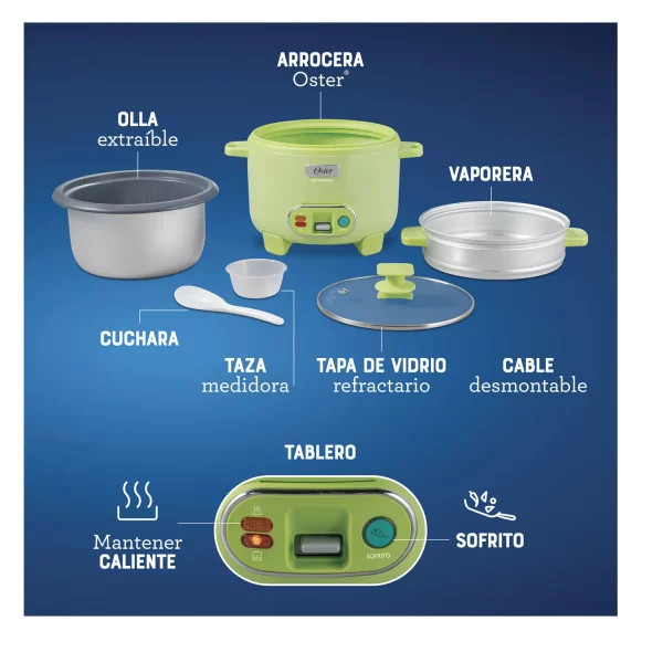 Olla Arrocera Oster CKSTRC10DFGRN 1.8L 3 en 1 Función de Sofrito Vaporera Verde - Imagen 5