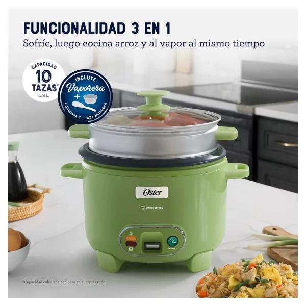 Olla Arrocera Oster CKSTRC10DFGRN 1.8L 3 en 1 Función de Sofrito Vaporera Verde - Imagen 4