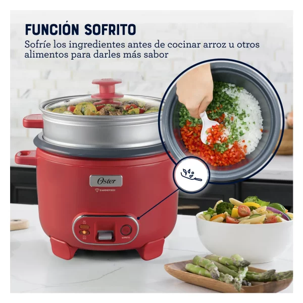 Olla Arrocera Oster CKSTRC10DFPNK 1.8L 3 en 1 Función de Sofrito Vaporera Rojo - Imagen 2