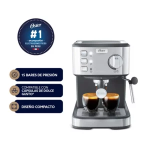 Cafetera Oster® Compacta, Prepara hasta 2 Espressos por Ciclo, 15 Bar, Tubo de Vapor para Leche Espumosa para Capuccinos y Lattes, BVSTEM5502
