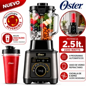 Licuadora Profesional Titan Oster de 2200 W con 4 Programas, 5 Velocidades, Vaso de Vidrio 2.5 L y Cuchilla de Acero Inoxidable, Negra, BLSTXT-XG-053