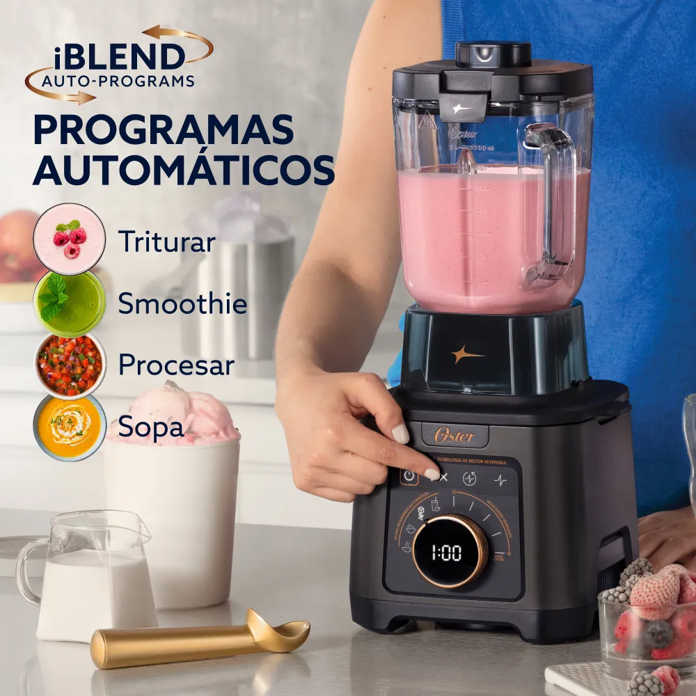 Licuadora Profesional Titan Oster de 2200 W con 4 Programas, 5 Velocidades, Vaso de Vidrio 2.5 L y Cuchilla de Acero Inoxidable, Negra, BLSTXT-XG-053 - Imagen 4