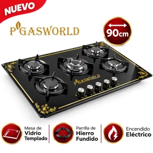 Cocina Empotrable PGas 5 Quemadores Vidrio Templado 90cm