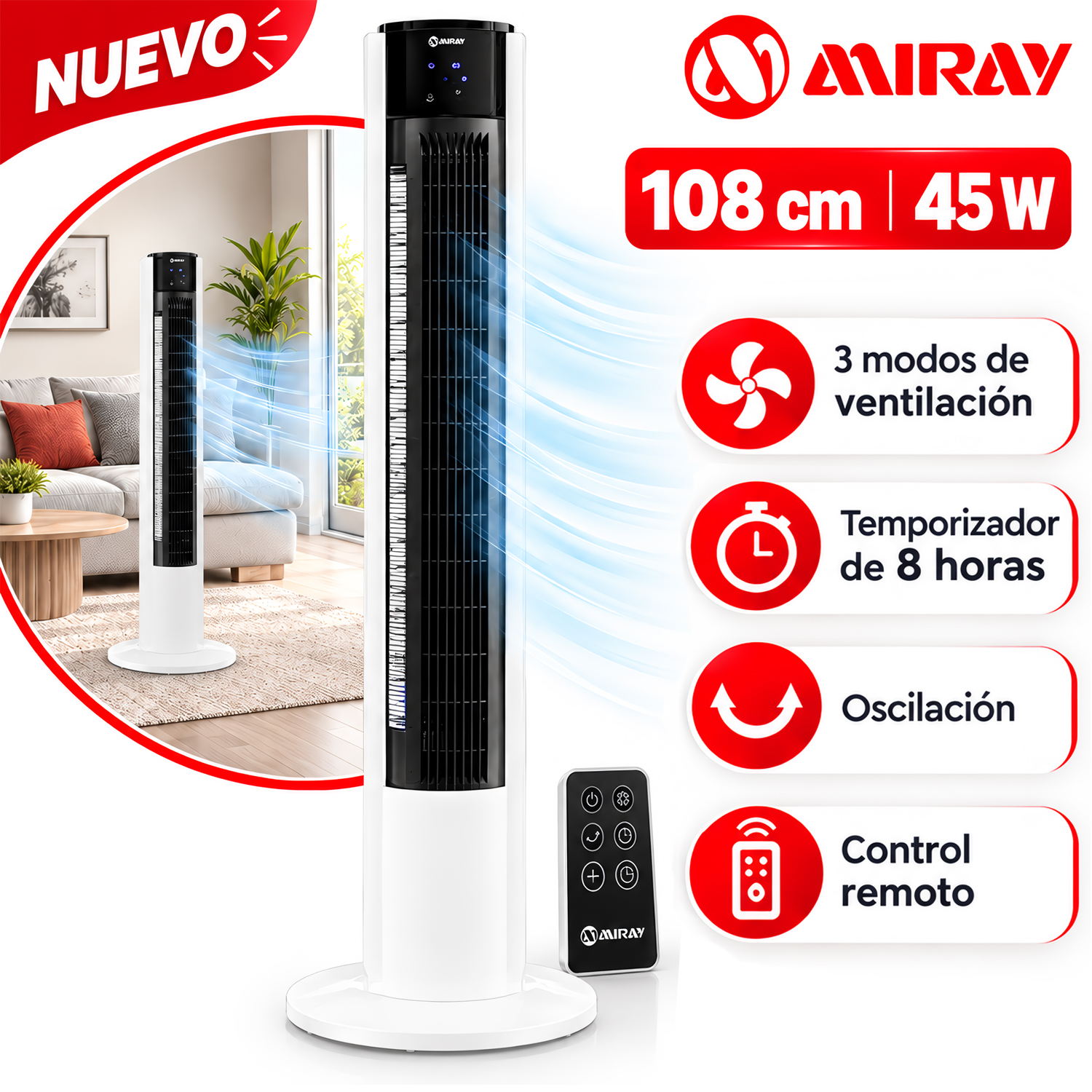 Ventilador Tipo Torre Miray 37" VMTT-1037R 45 Watts Blanco